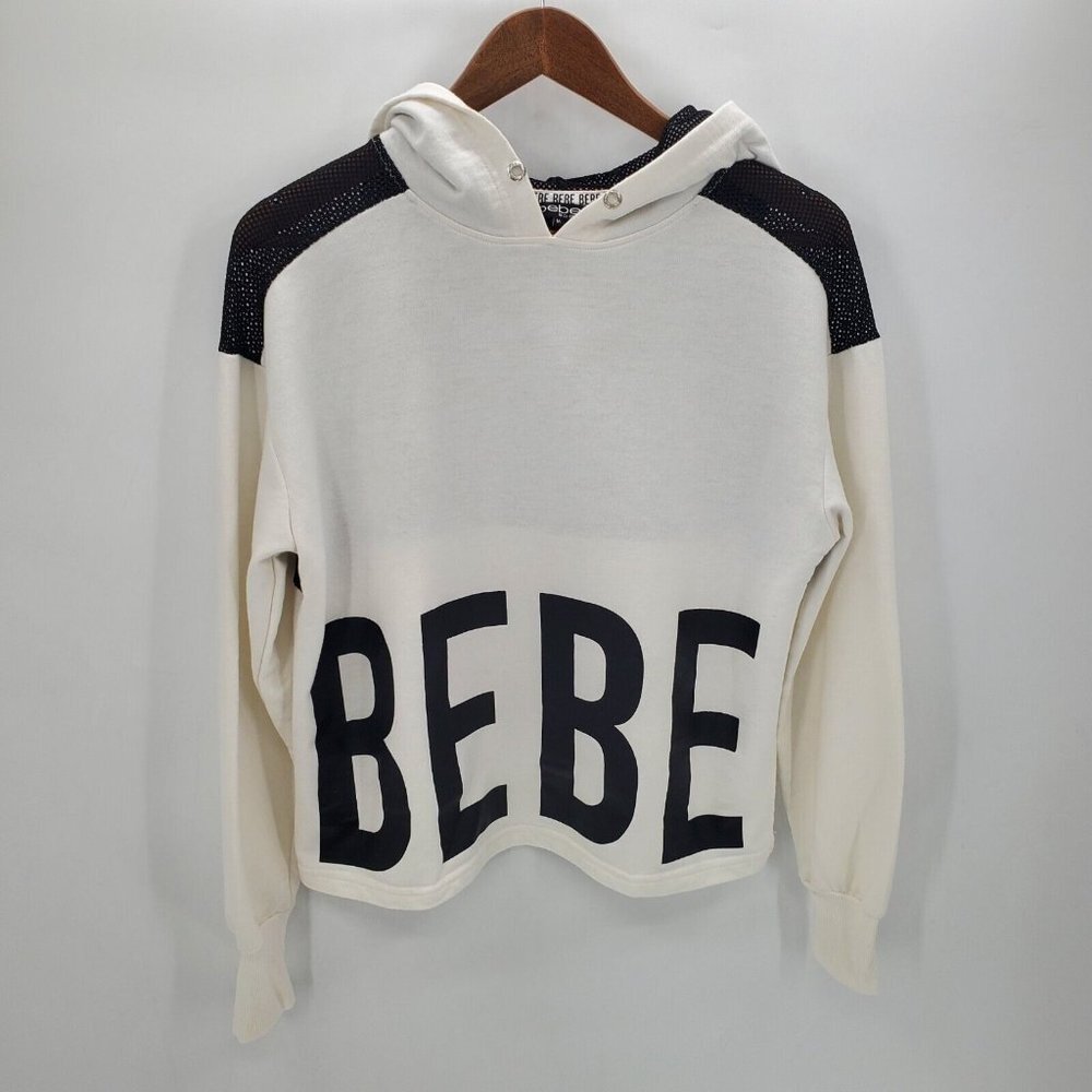 Bebe Womens Fish Net Open Back Sweatshirt‎ Hoodie M White Long Sleeve Pullover
